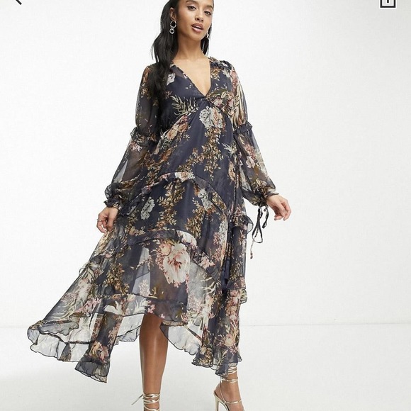 ASOS Dress Womens 8 Pleated Layered Tiered Midi Dress Floral Print Sheer V Neck - Picture 1 of 14